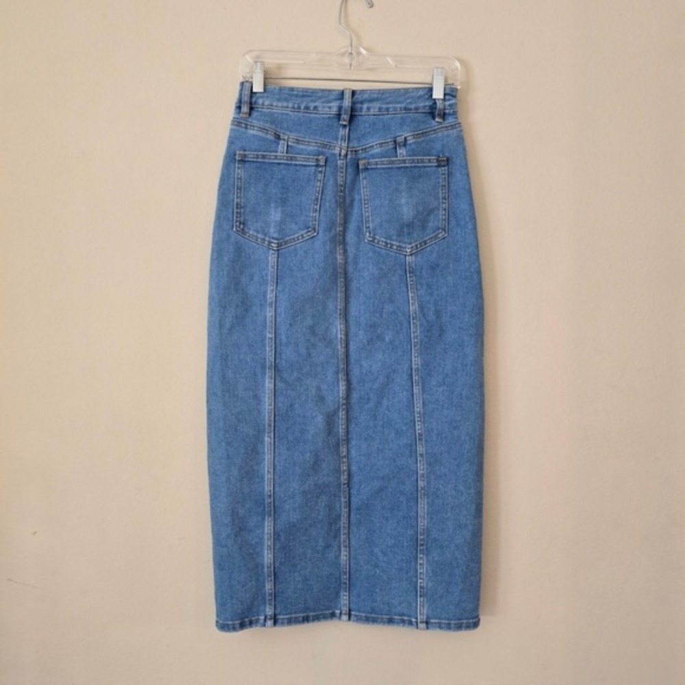 House of Harlow 1960 Women's Denim Midi Skirt Blue Seamed Front Slit Size 6 - Picture 3 of 5